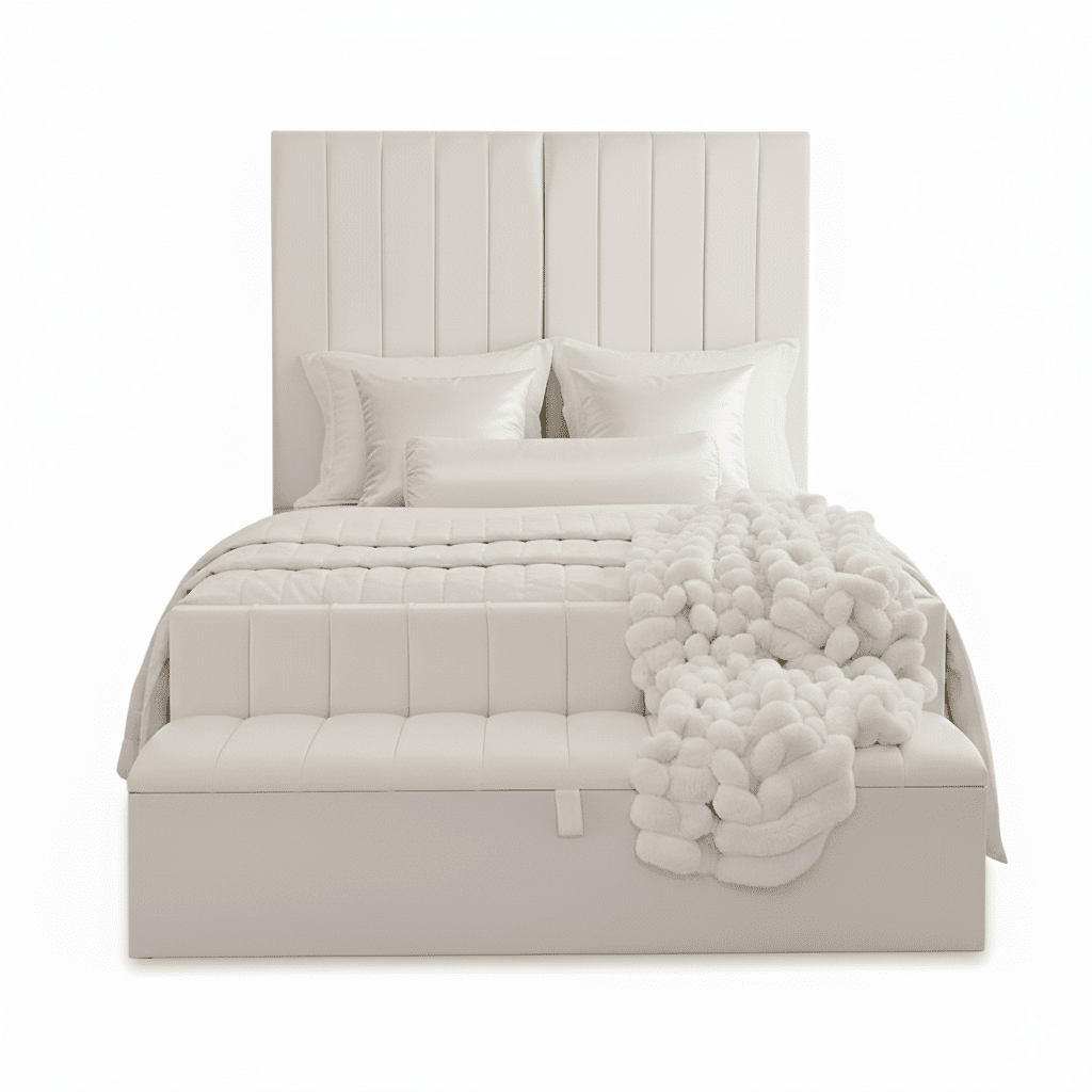 Zana Porcelain White Velvet Luxury Panelled Bed Beds and Headboards