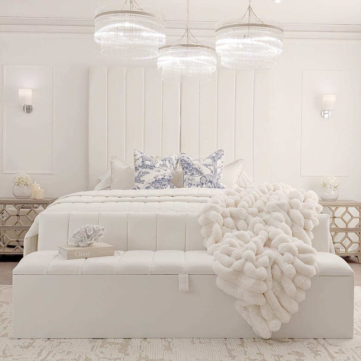 Zana Porcelain White Velvet Luxury Panelled Bed