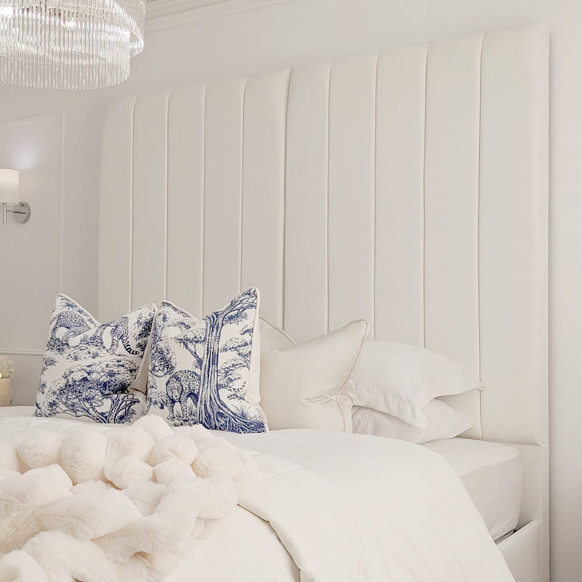 Zana Porcelain White Velvet Luxury Panelled Bed