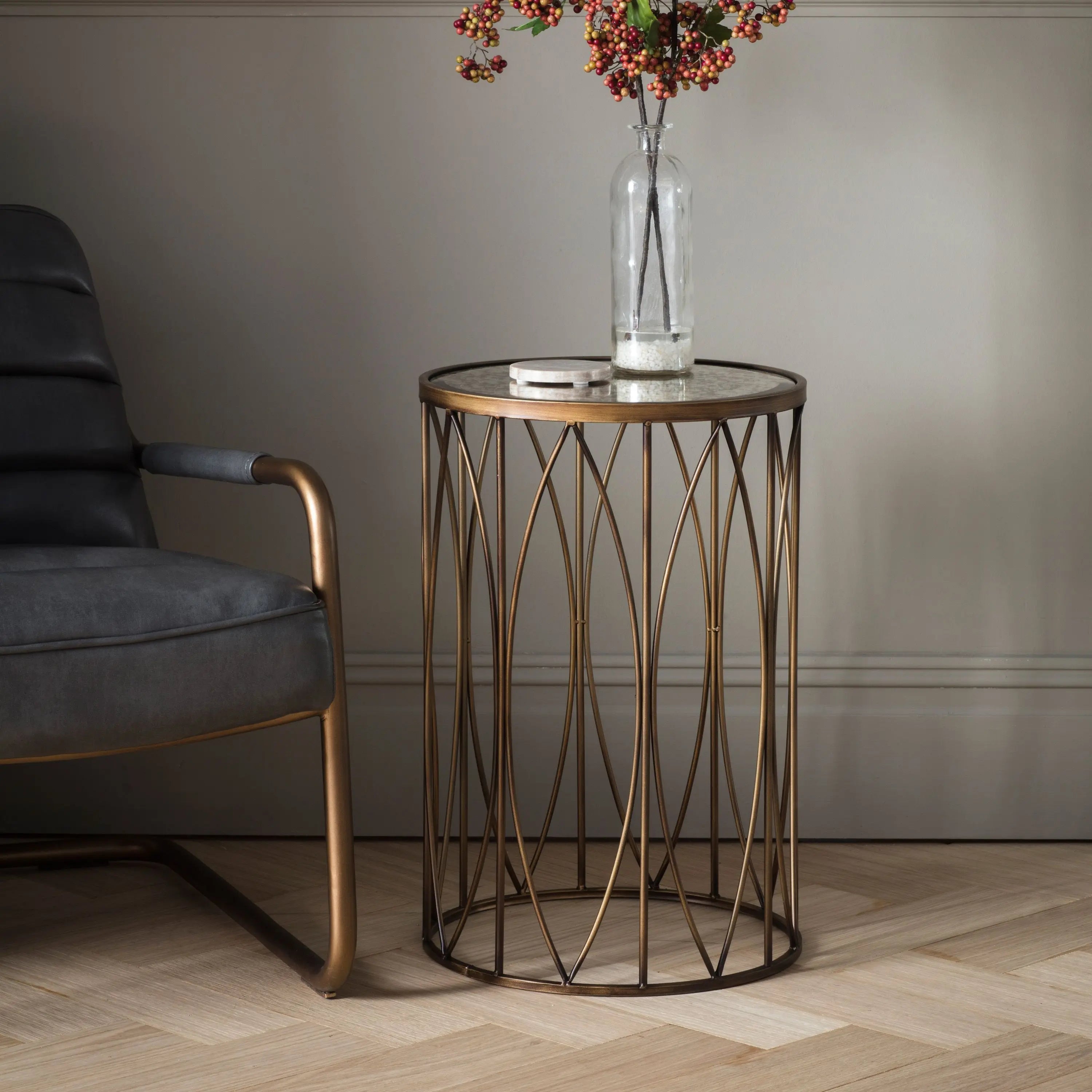 Zariah Gold Metal Side Table with Antique Glass Top Furniture