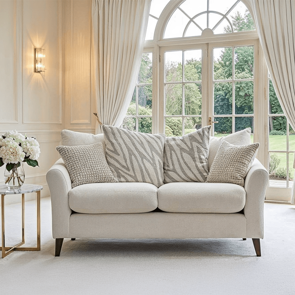 Zelda Cream Textured Chenille Pillow Back 2 Seater Sofa with Patterned Accent Cushions Sofa