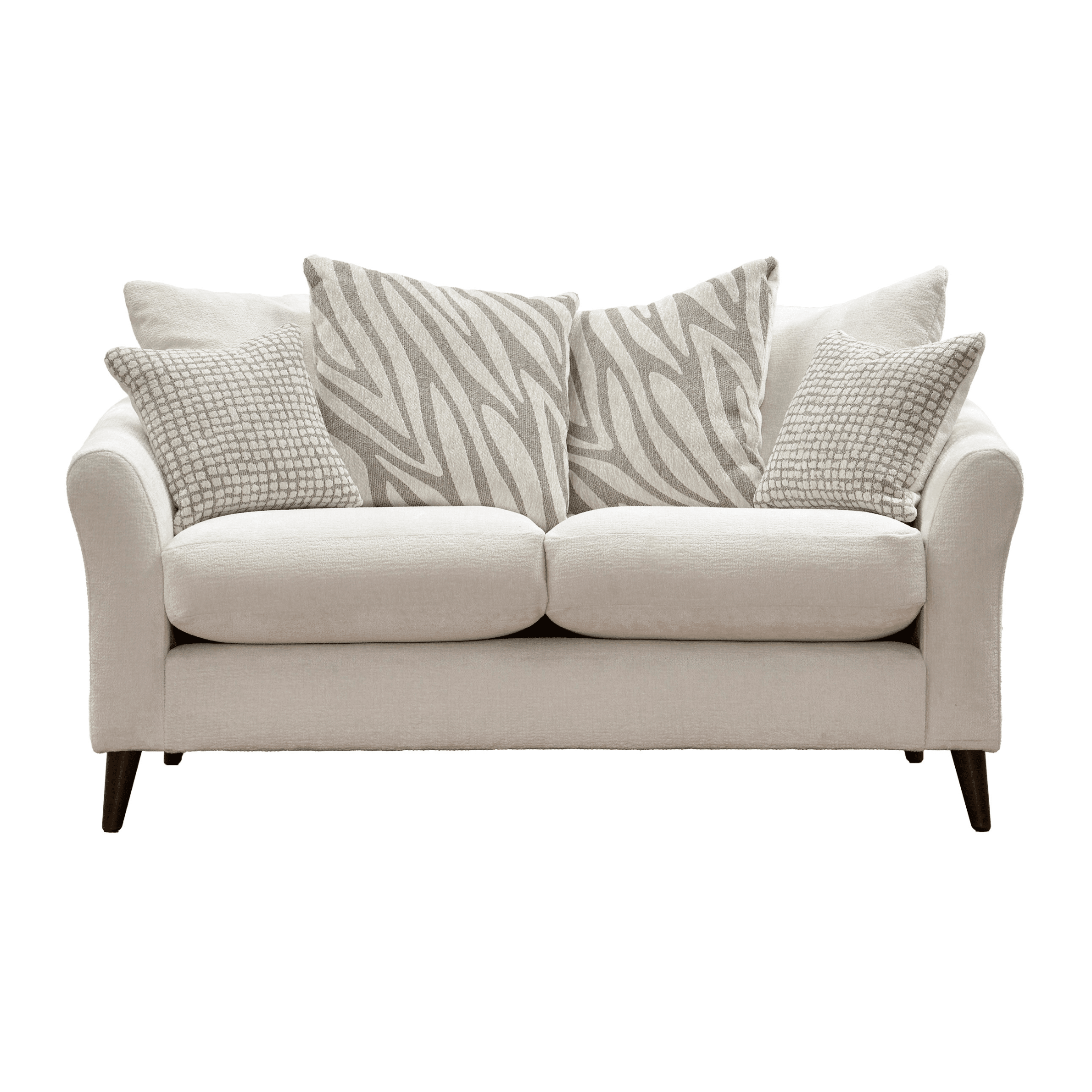 Zelda Cream Textured Chenille Pillow Back 2 Seater Sofa with Patterned Accent Cushions Sofa