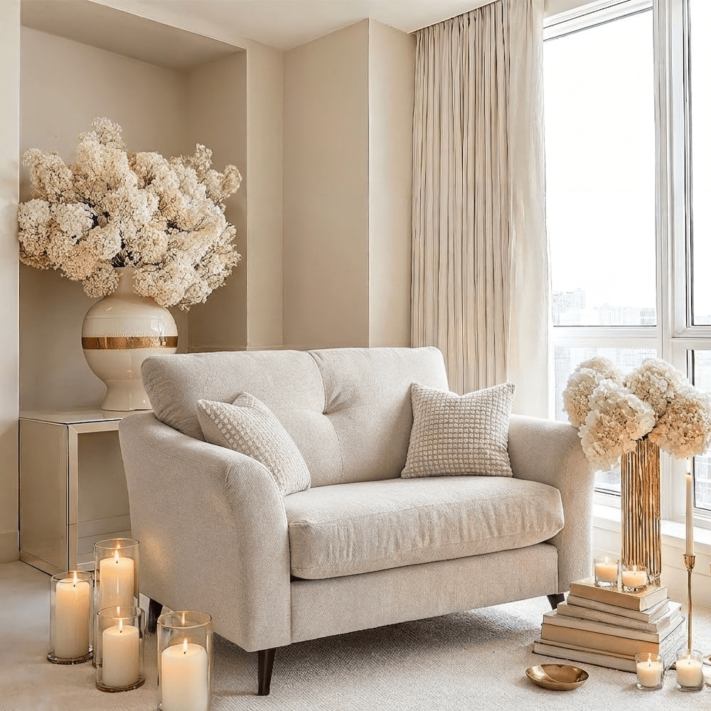 Zelda Pearl Grey Textured Chenille Love Seat with Patterned Accent Cushions Sofa