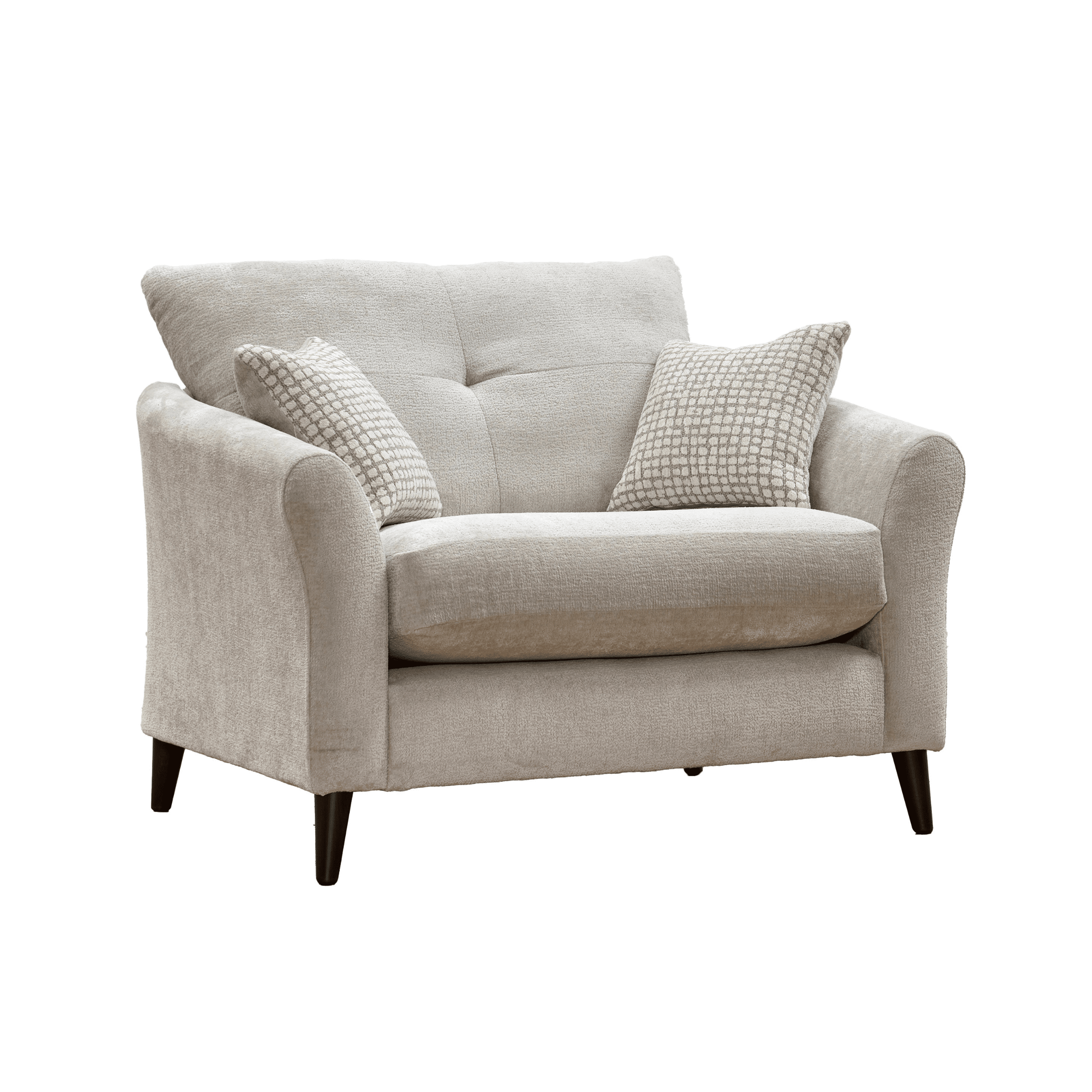 Zelda Pearl Grey Textured Chenille Love Seat with Patterned Accent Cushions Sofa