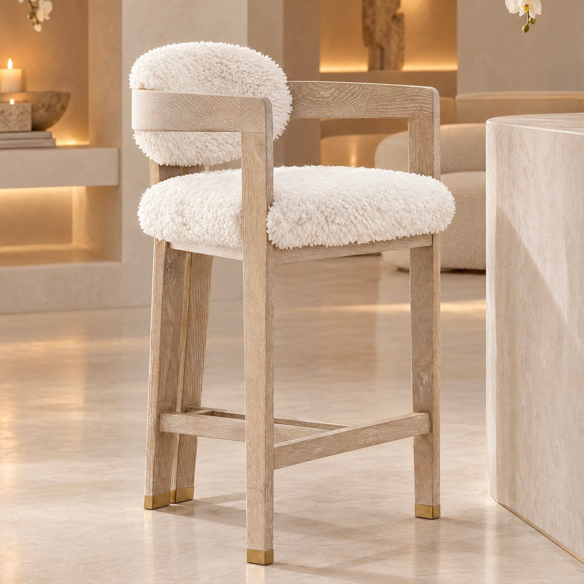Zenith Faux Sheepskin & Washed Wood Bar Stool Furniture