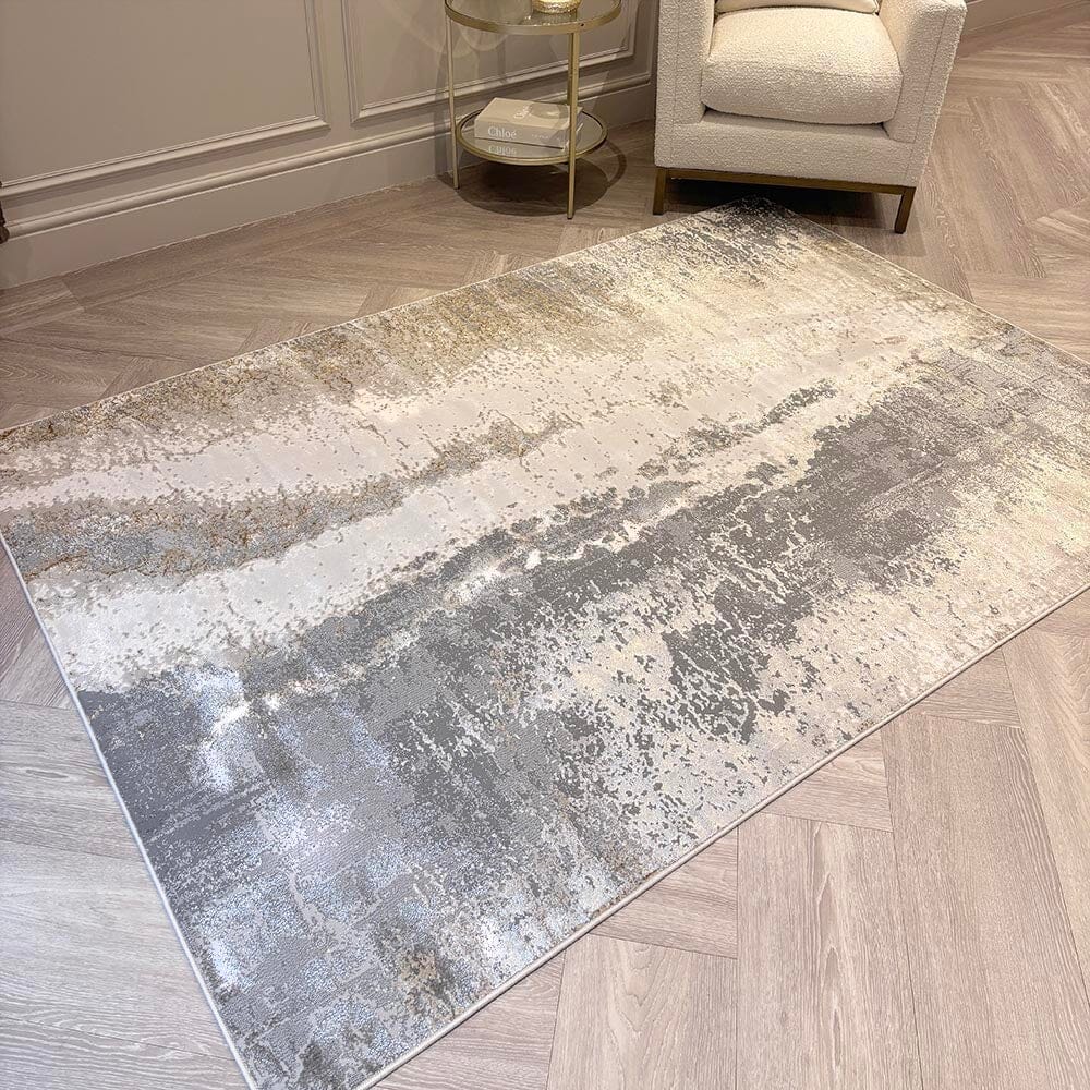 Zorina Grey, Cream & Gold Metallic Marble Velvet Rug Textiles