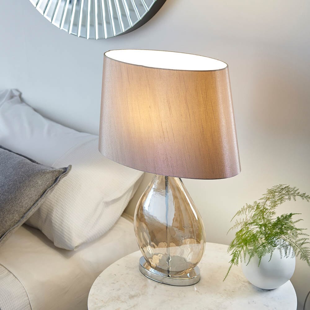 Diondra Gold Tinted Glass Table Lamp with Mink Faux Silk Shade Lighting