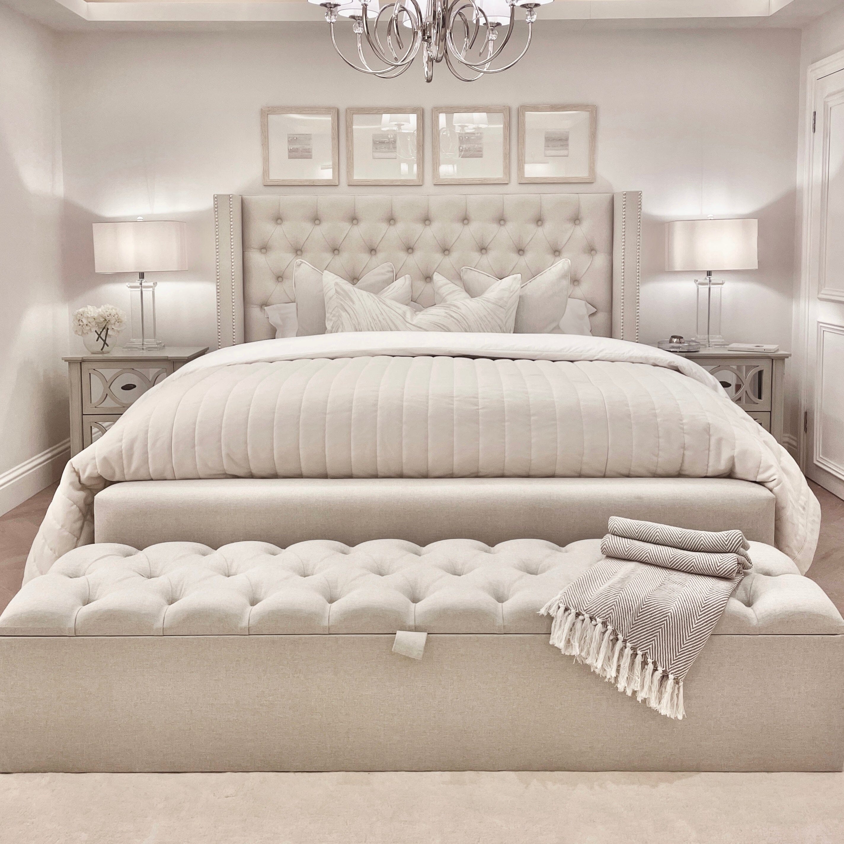 Harper Classic Luxury Grey Tweed Buttoned Silver Stud Wing Chunky Bed Bed