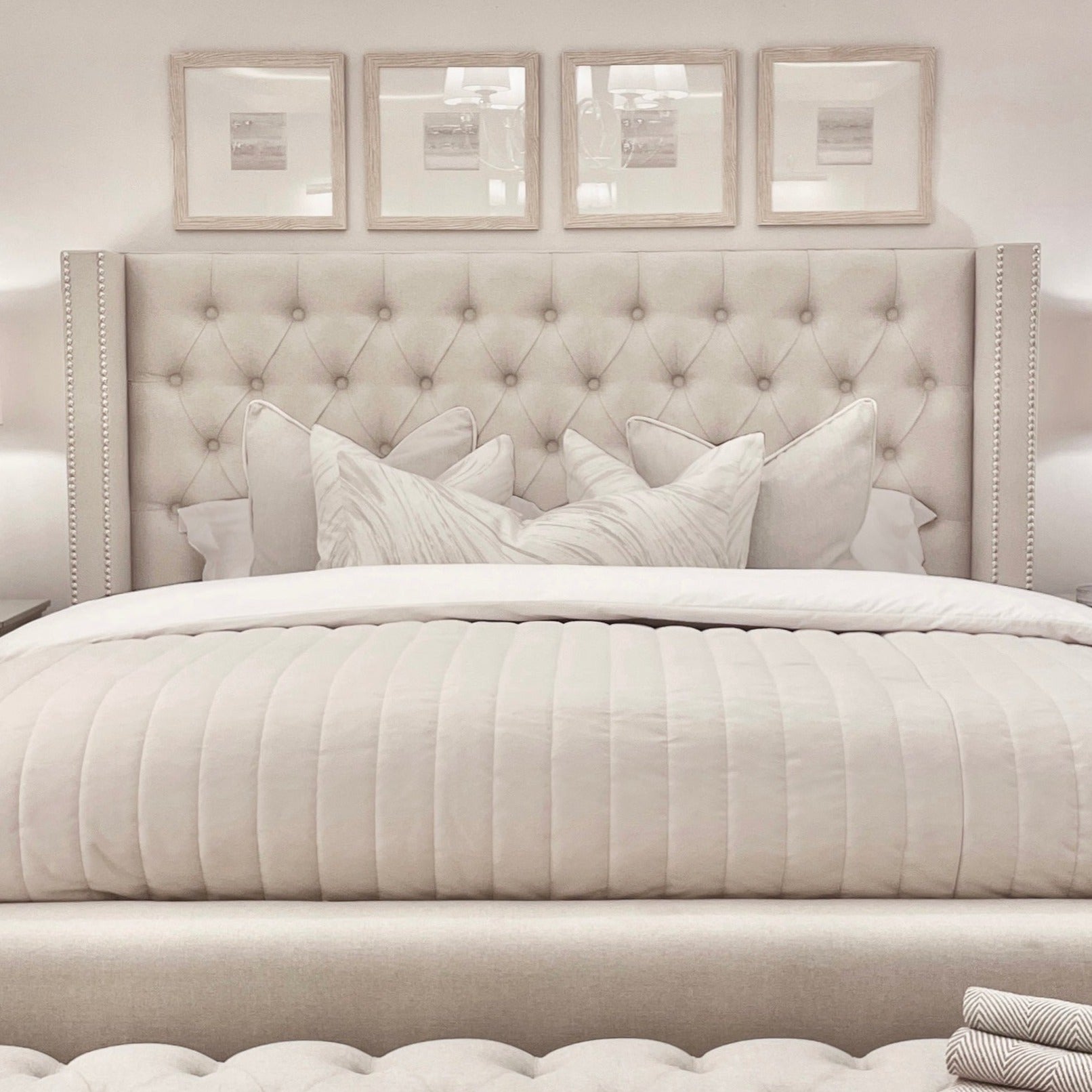 Harper Classic Luxury Grey Tweed Buttoned Silver Stud Wing Chunky Bed Bed