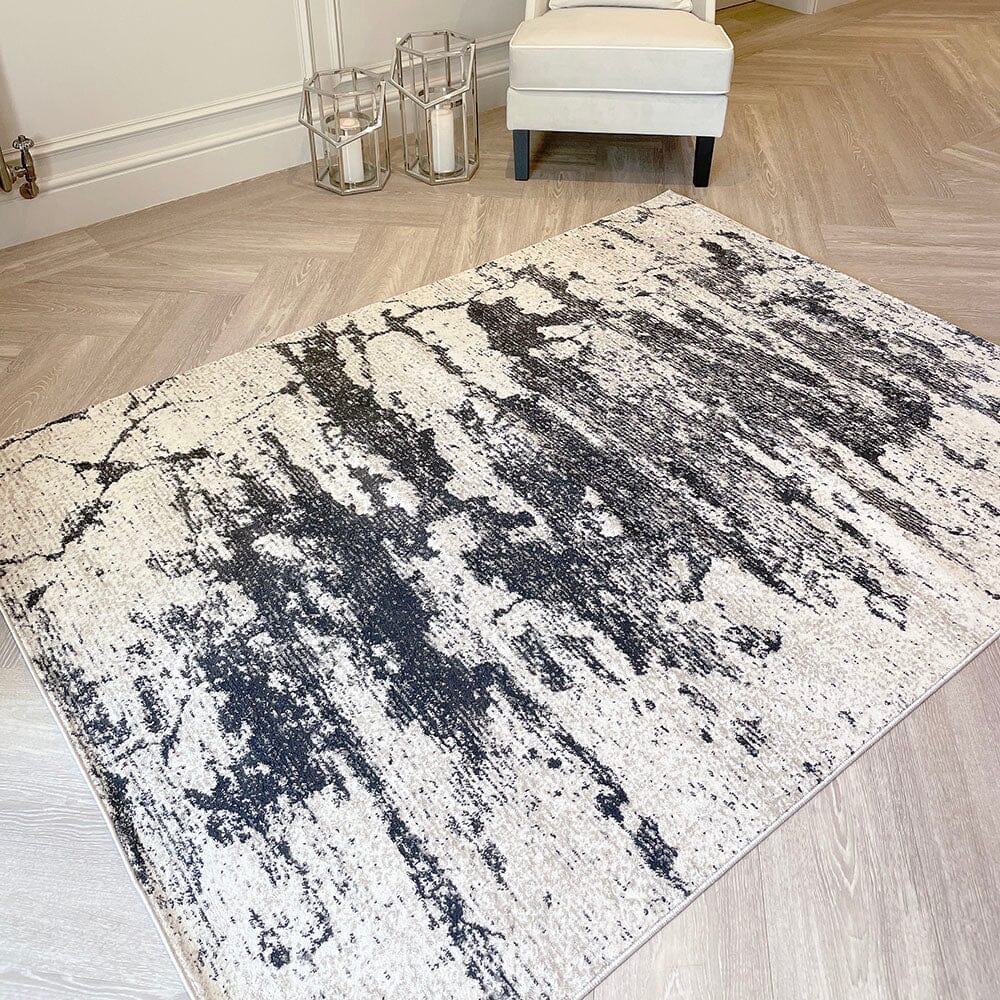 Helios Cream & Grey Marble Effect Abstract Rug Rug