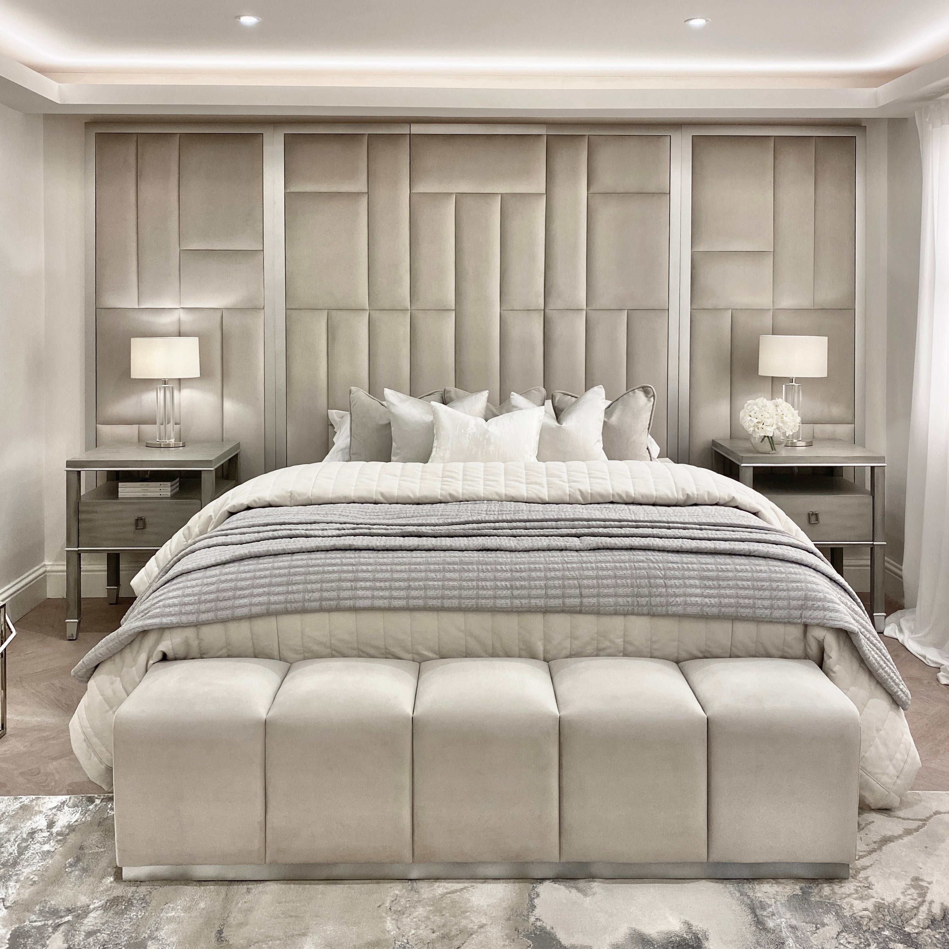 Kensington Smoke Grey & Silver Premium Abstract Headboard with Wings Headboard