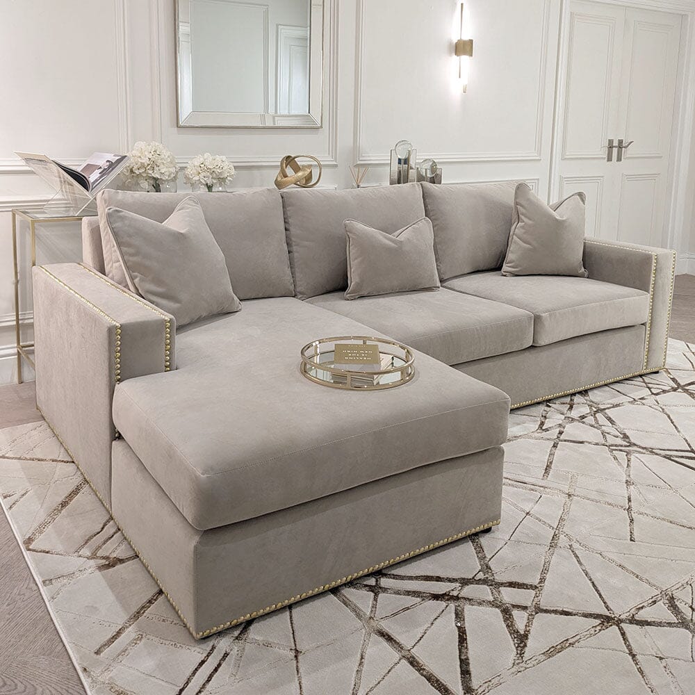 Kiara Mink Velvet Sofa Collection With Brass Studs