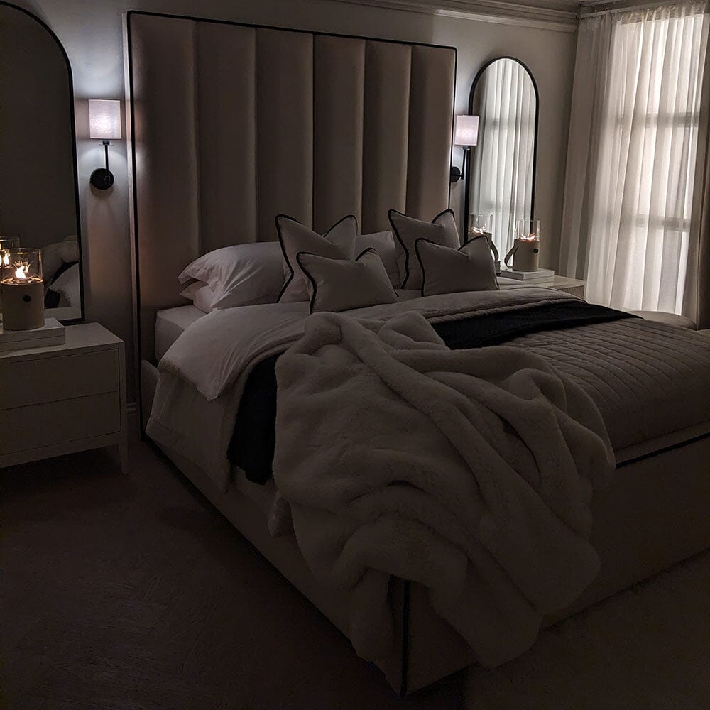 Mercer Cream Velvet Luxury Panelled Bed with Contrast Black Piping MTO Beds and Headboards
