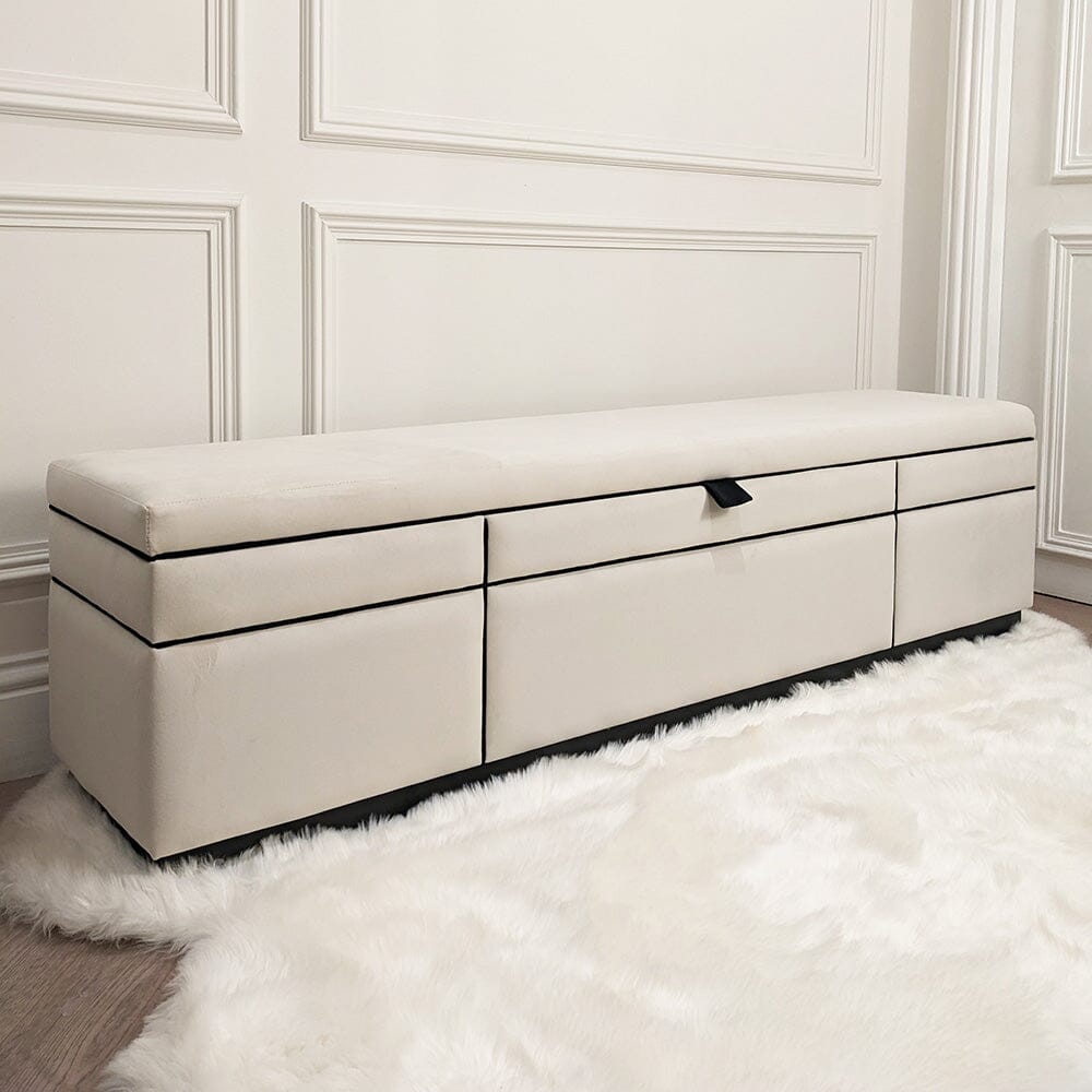 Savoy Cream and Black Luxury Piped Velvet Ottoman Box Made to Order Bench