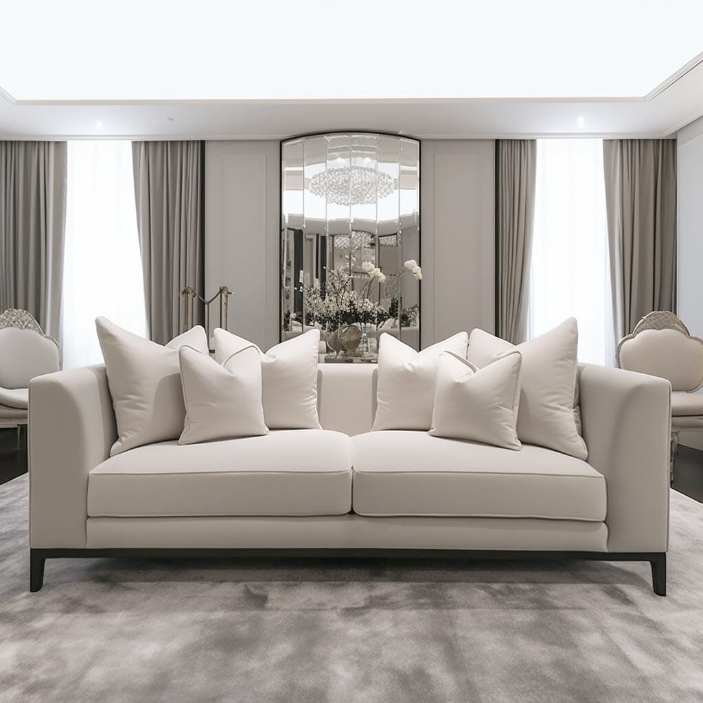 Timeless Cream Velvet 3 Seater Pillowback Sofa, With Black Wooden Plinth MTO Sofa