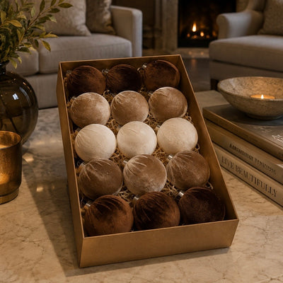 Luxury Brown & Cream Velvet Baubles - Set of 15