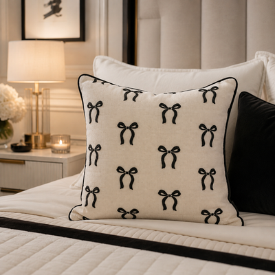 Belle Monochrome Bow Print Feather Filled Cushion- 45x45cm