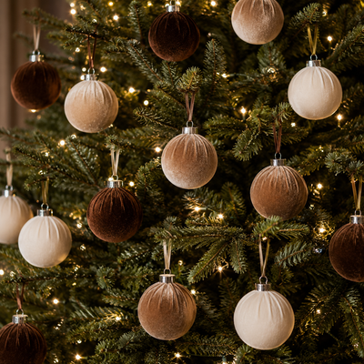 Luxury Brown & Cream Velvet Baubles - Set of 15