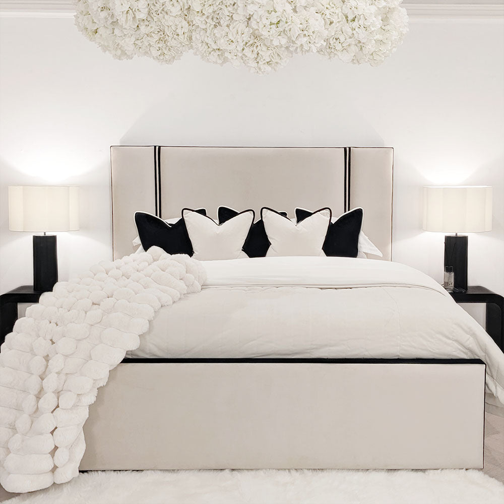 Alessi Vanilla Velvet Luxury Bed with Contrast Black Piping