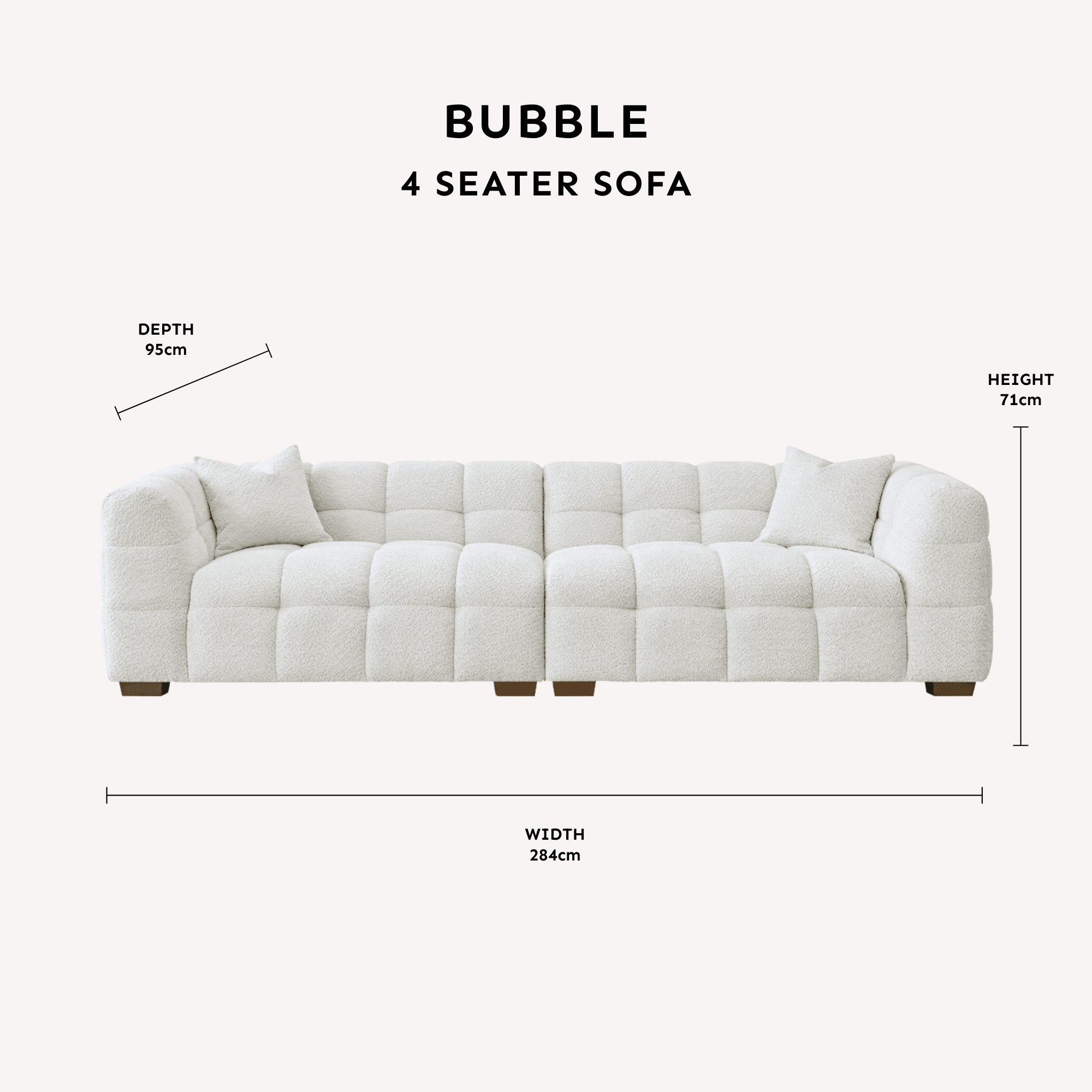 Bubble Tufted Pearl Grey Boucle 4 Seater Sofa dimensions