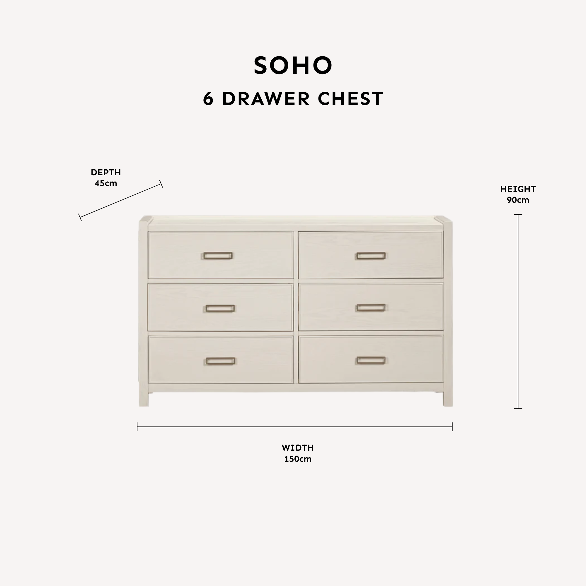 Soho Cream Oak Veneer 6 Drawer Chest dimensions