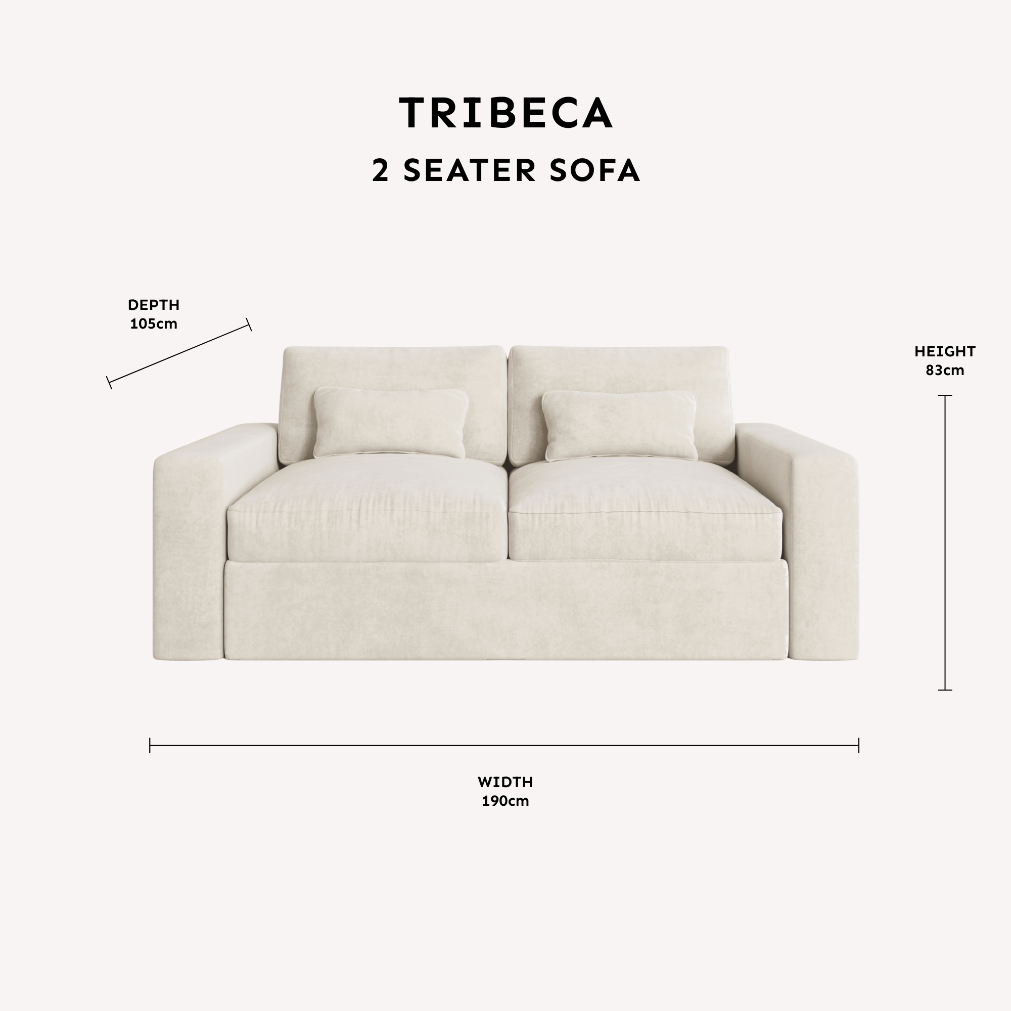 Tribeca Ash Greige 2 Seater Sofa dimensions