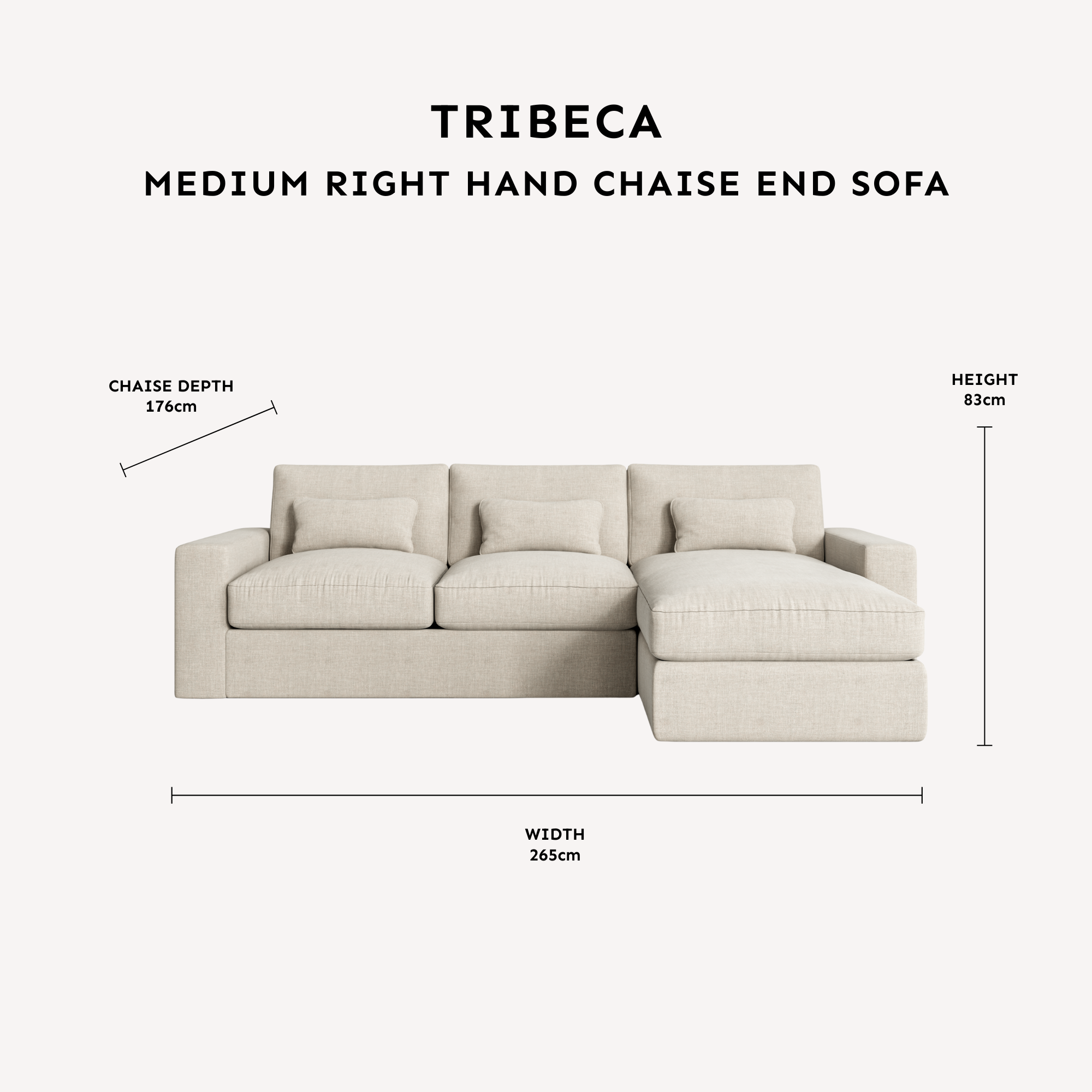 Tribeca Ash Greige Medium Right Hand Facing Chaise End Sofa dimensions