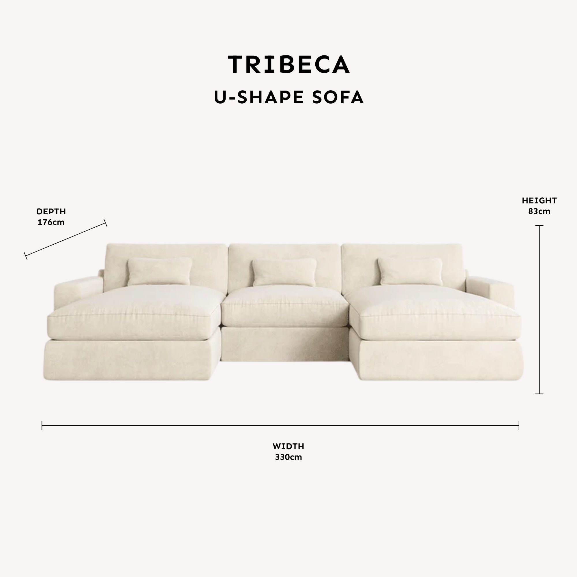 Tribeca Ash Greige Large U Shape Sofa dimensions