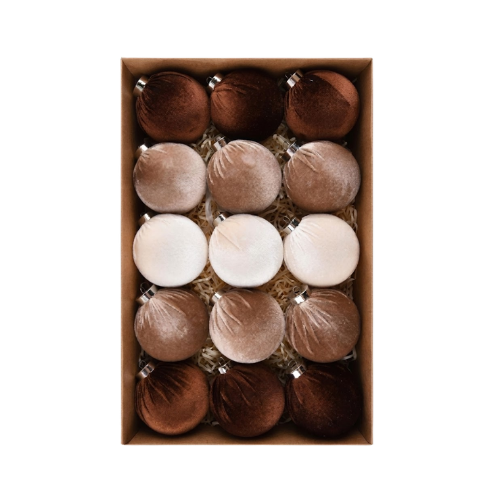 Luxury Brown & Cream Velvet Baubles - Set of 15