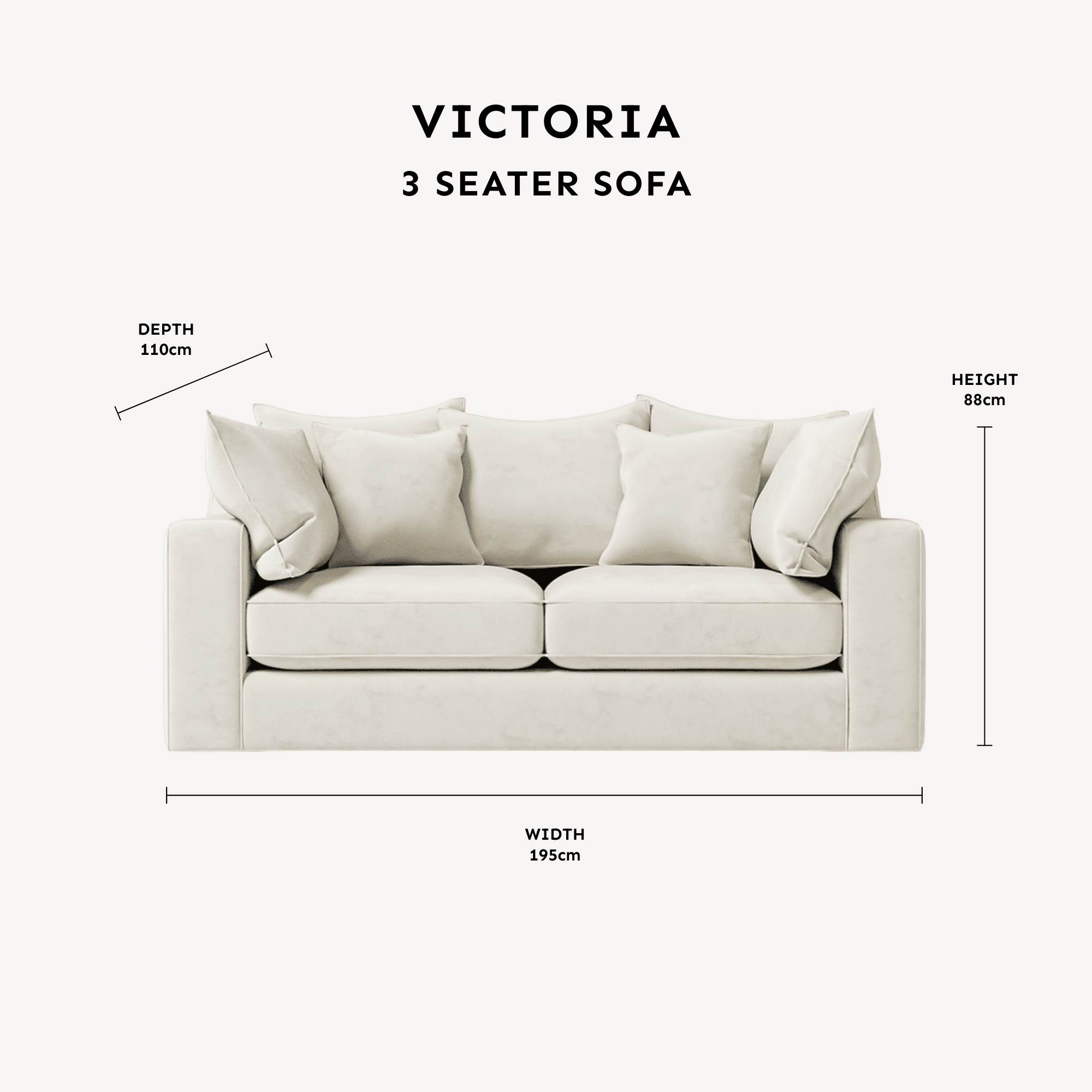 Victoria Cream Velvet 3 Seater Sofa dimensions