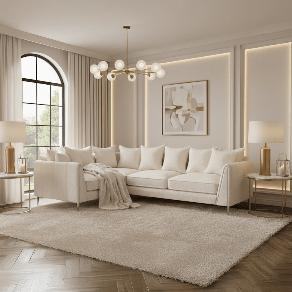 Alaina Cloud Bouclé Scatter Back Left Hand Facing Corner Sofa with Silver Legs Sofa 
