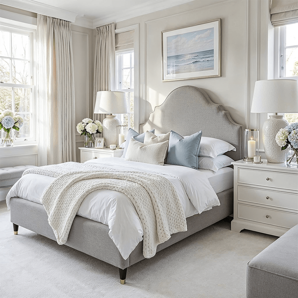 Albin Light Grey Ornate Headboard Bed 