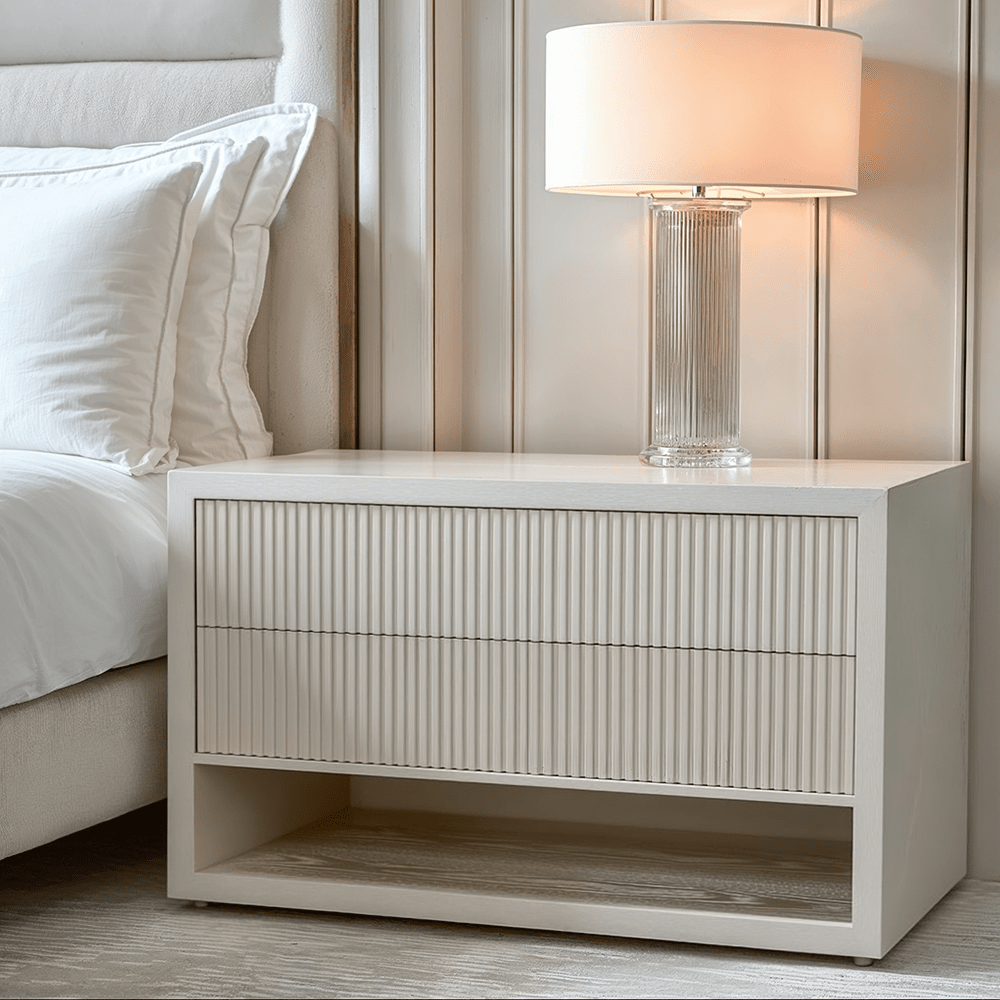 Alviana White Ribbed XL Double Width Bedside Table Furniture 