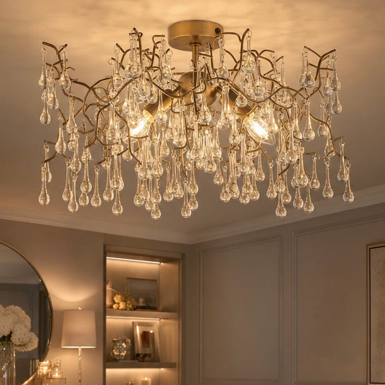 Anais Gold Branch Flush Ceiling Light with Glass Droplets Lighting 