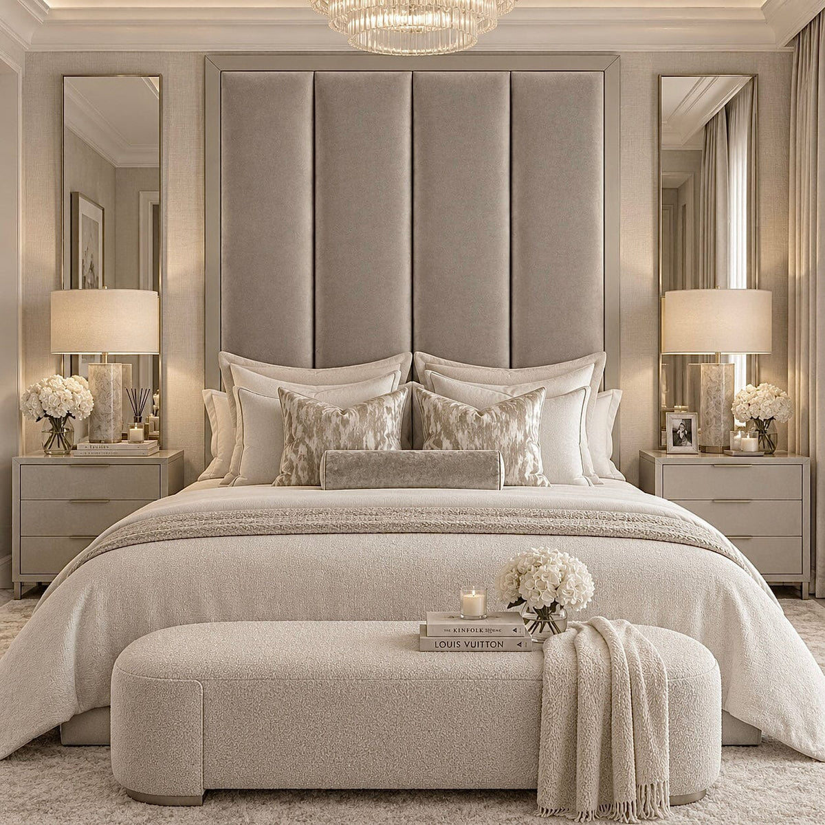 Arlington Headboard Soft Chenille Truffle with Mid-Taupe Frame Beds and Headboards 