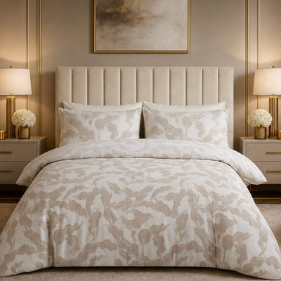 Aspen White & Beige Leaf Print Duvet Set Textiles 