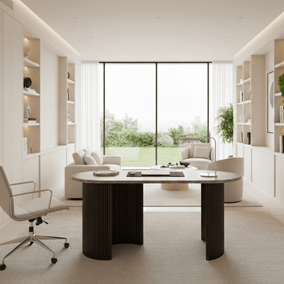 Astalina Brown Ribbed Wooden Pebble Shaped Desk with Marble Top Furniture 