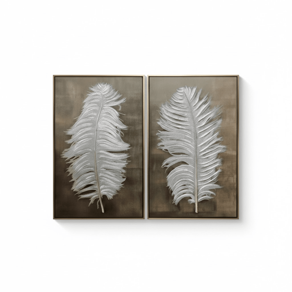 Asteria White Feather Canvas Wall Art with Gold Frame - Set of 2 Accessories 