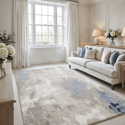 Aveline Metallic Cream, Grey & Blue Abstract Rug 