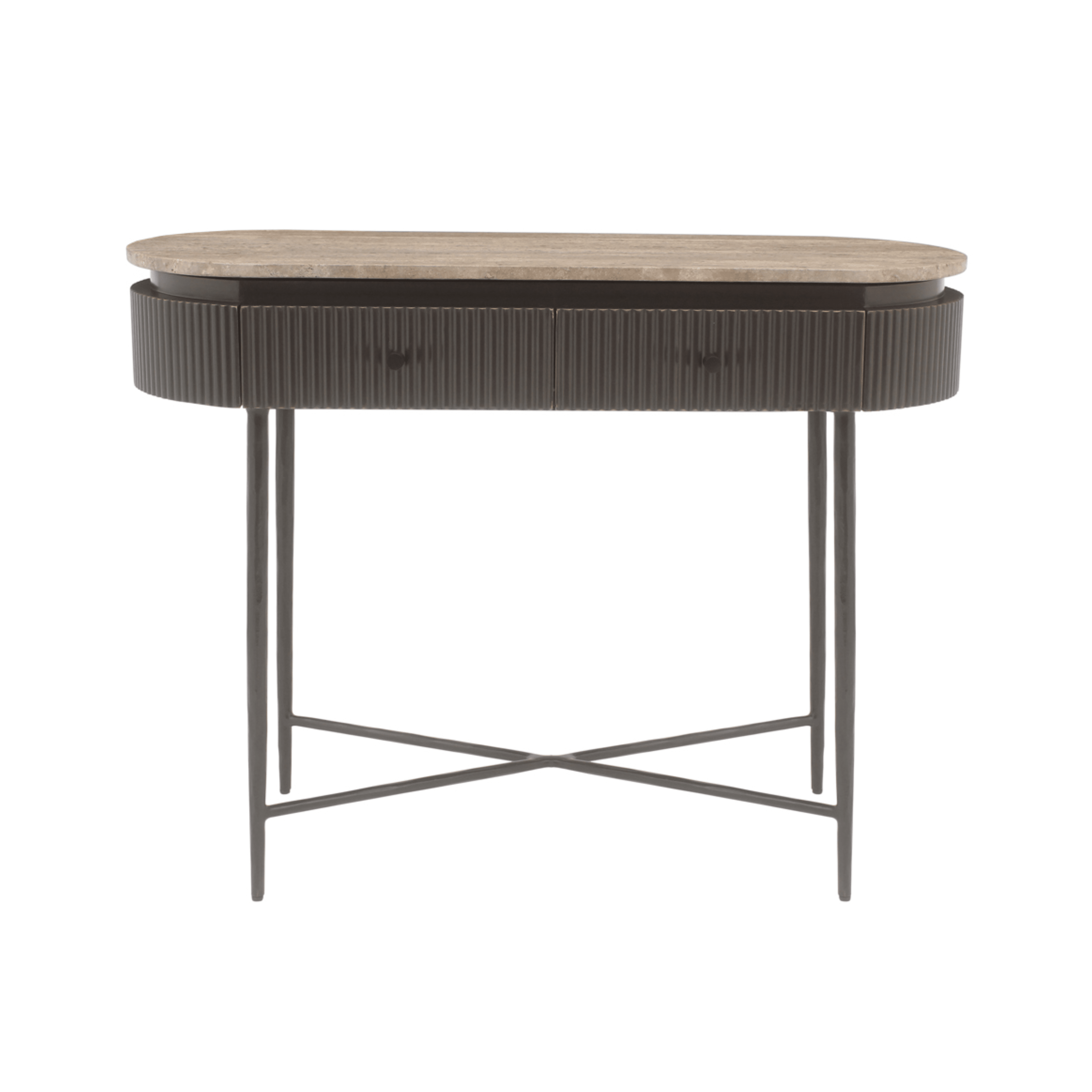 Aya Brown Ribbed Console Table with Travertine Top Furniture 