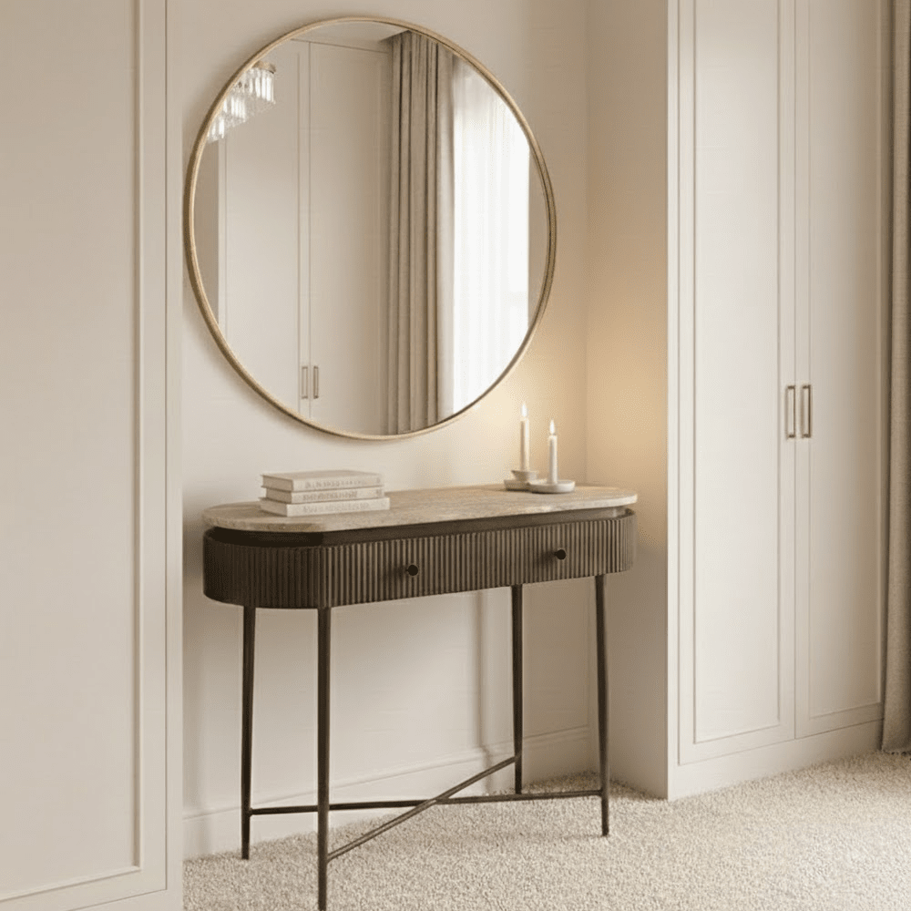 Aya Brown Ribbed Console Table with Travertine Top Furniture 