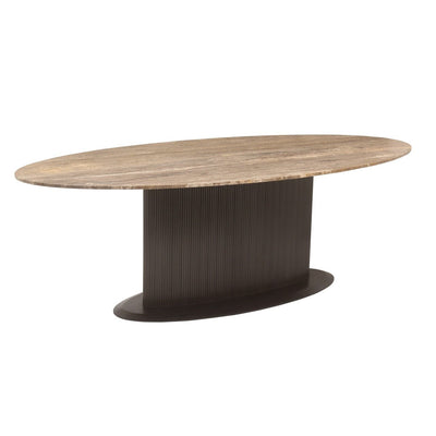 Aya Brown Ribbed Oval Dining Table with Travertine Top Furniture 