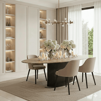 Aya Brown Ribbed Oval Dining Table with Travertine Top Furniture 
