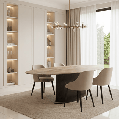 Aya Brown Ribbed Oval Dining Table with Travertine Top Furniture 
