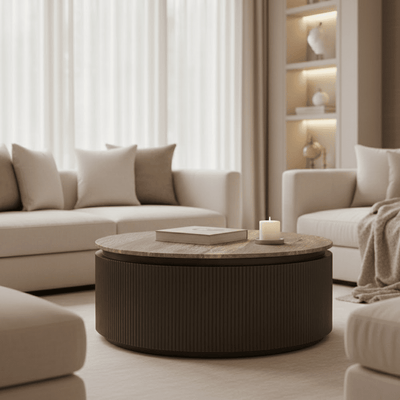 Aya Brown Ribbed Round Coffee Table with Travertine Top Furniture 