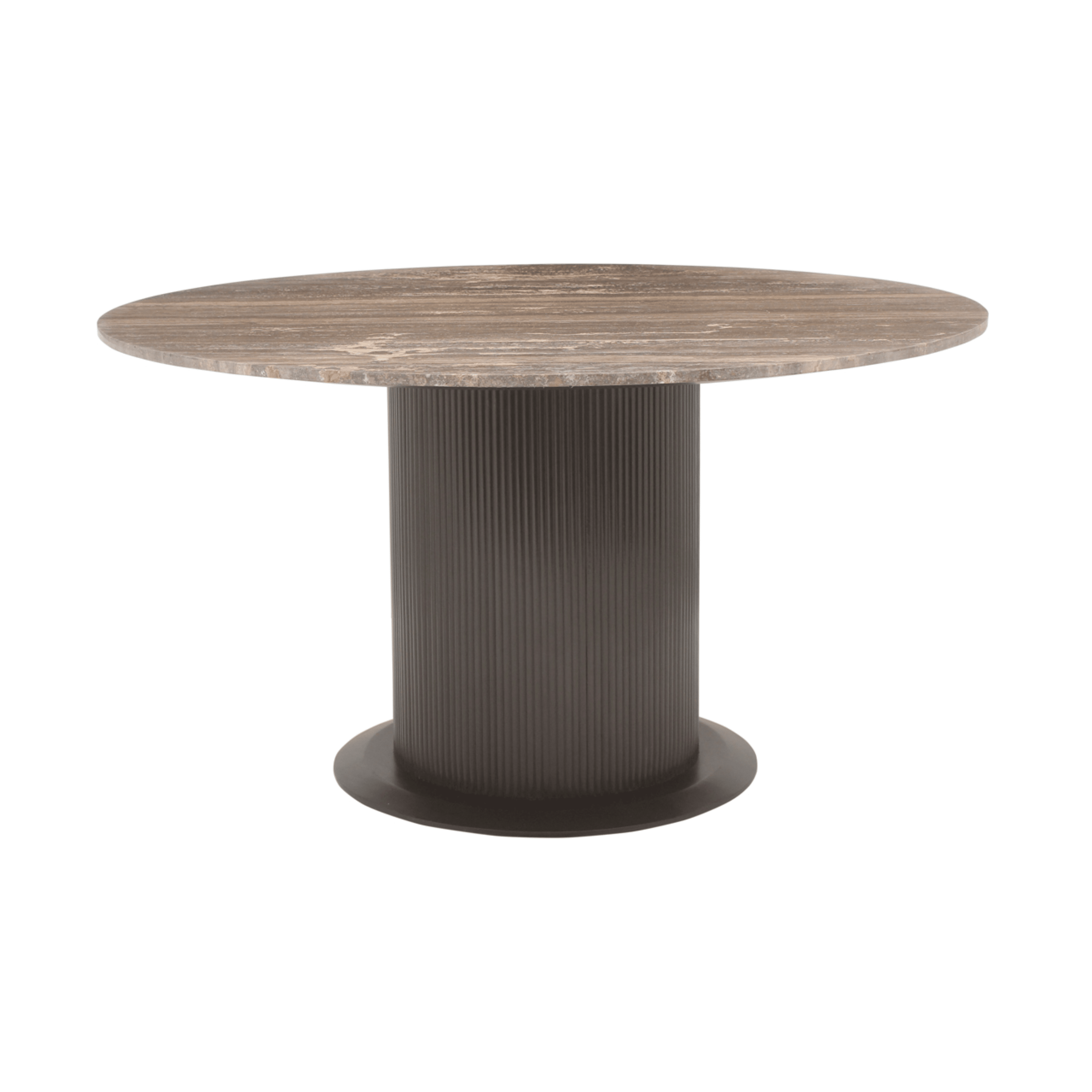 Aya Brown Ribbed Round Dining Table with Travertine Top Furniture 