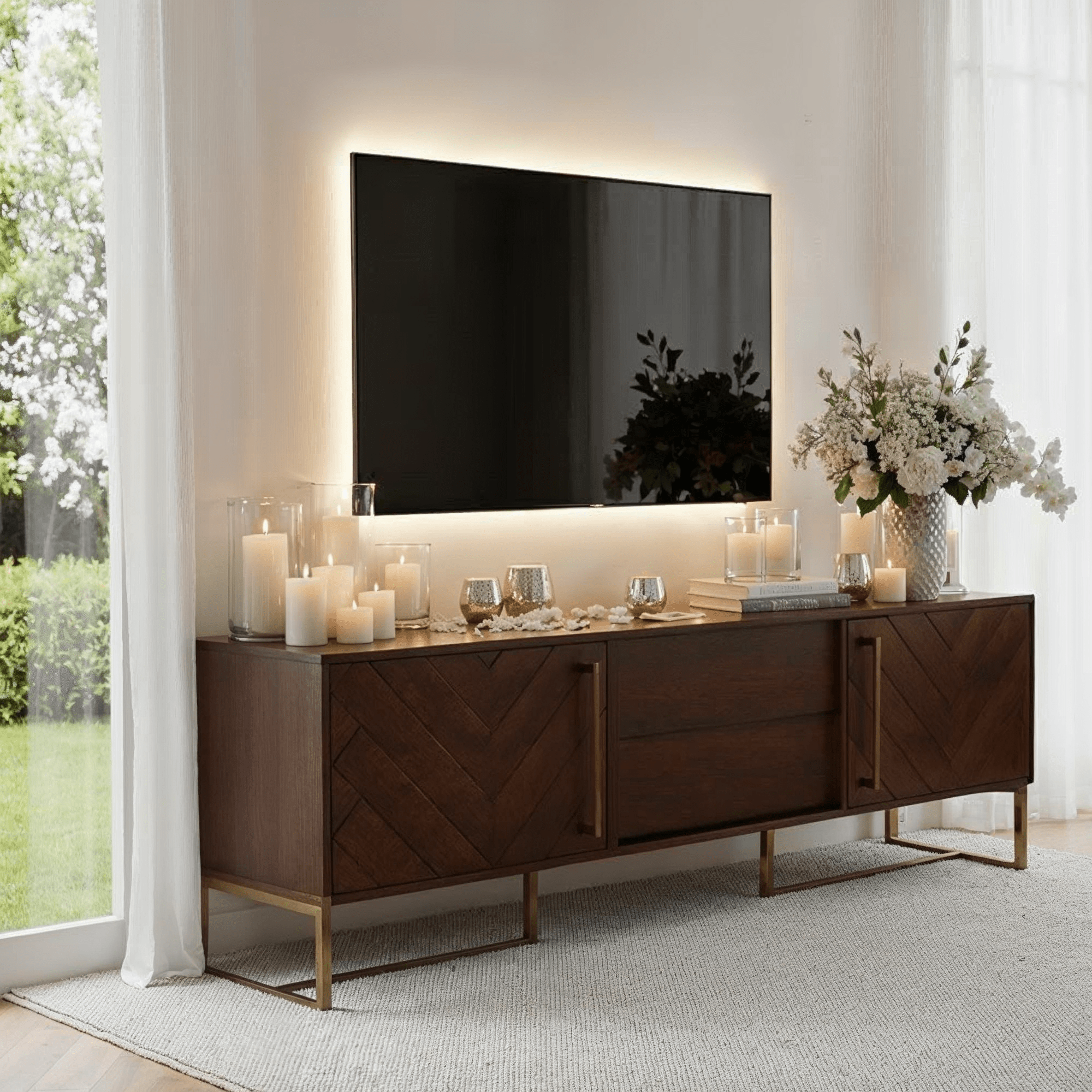 Bancha Dark Wood Media Unit with Herringbone Detail Furniture 