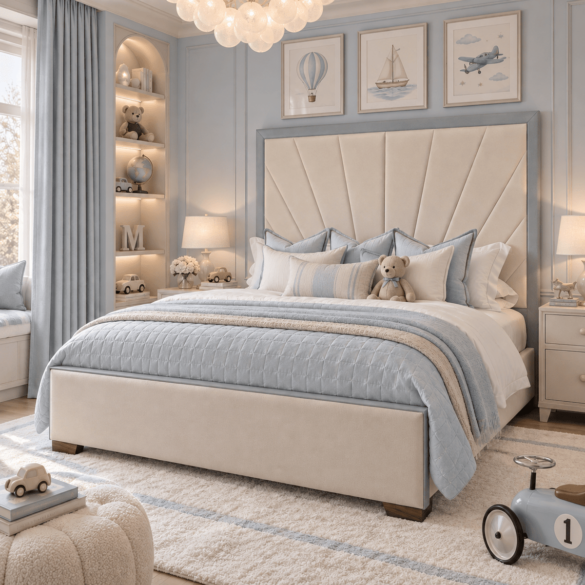 Barcelona Cream & Blue Sunburst Bed Beds and Headboards 