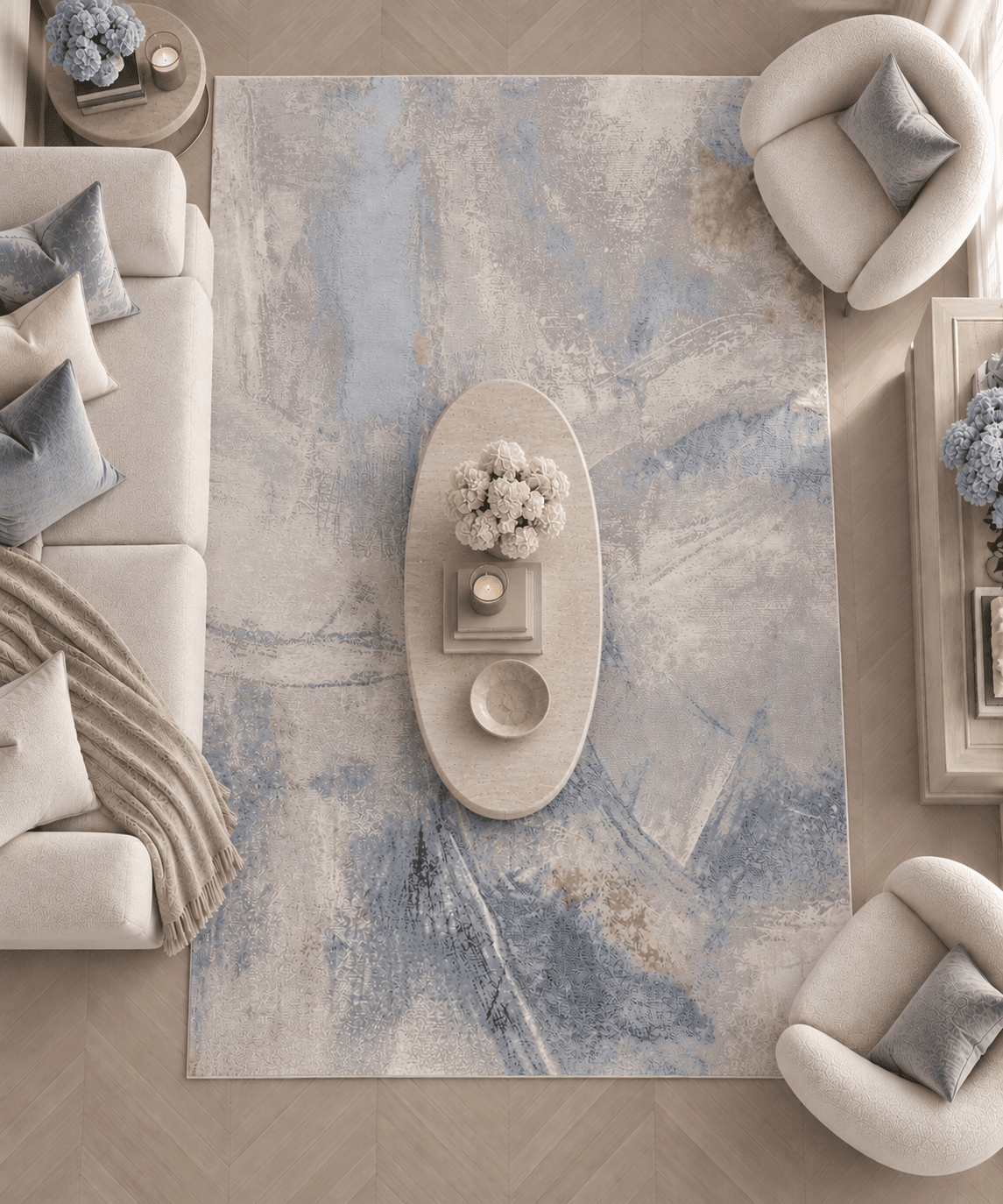 Bella Blue & Cream Metallic Abstract Rug Textiles 