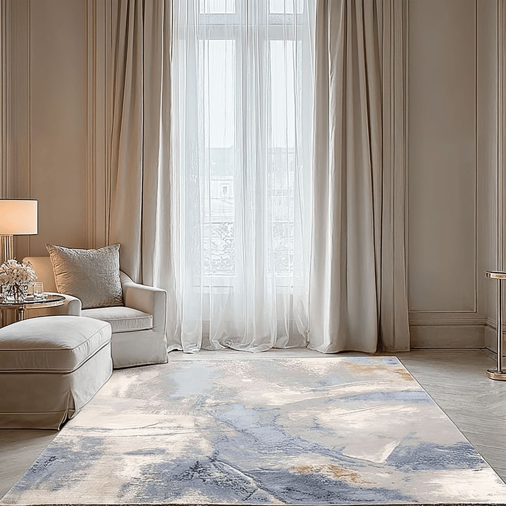 Bella Blue & Cream Metallic Abstract Rug Textiles 